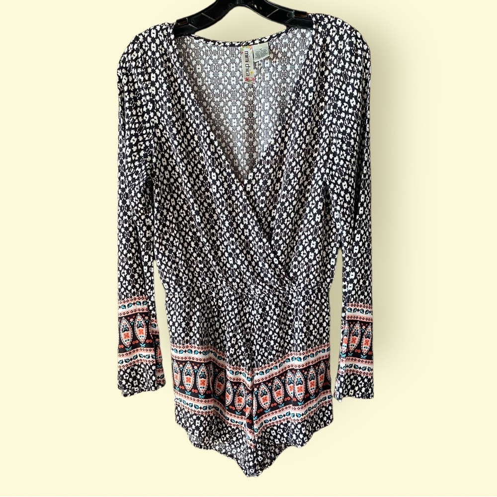 Mimi Chica Bohemian Jumpsuit Romper Long Bell Sleeves V Neck